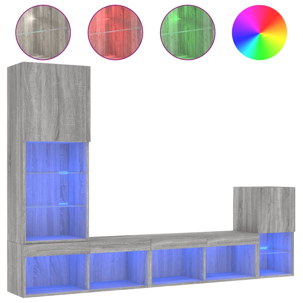 vidaXL 4-dielne TV nástenné skrinky s LED sivé sonoma kompozitné drevo