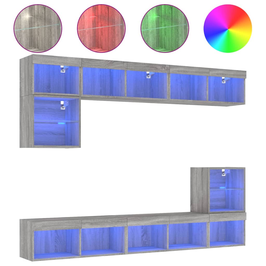 Unități de perete TV cu LED-uri, 8 piese, gri sonoma, lemn
