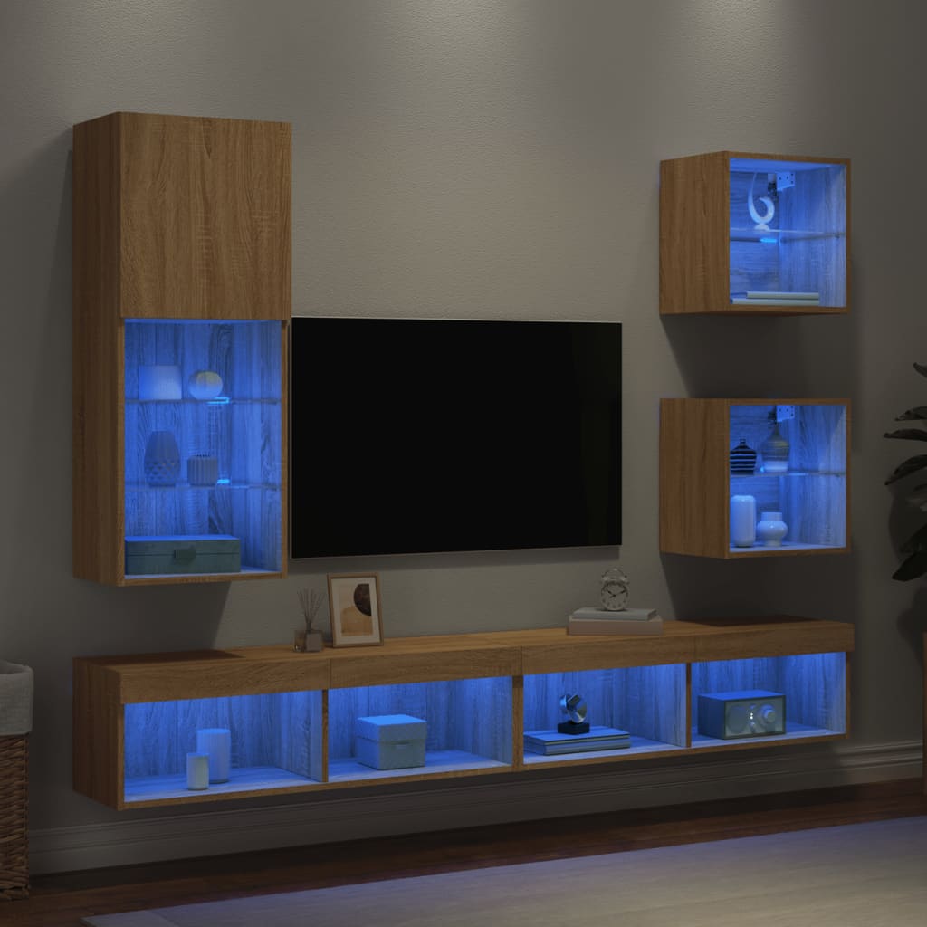 5dílná obývací stěna s LED dub sonoma kompozitní dřevo