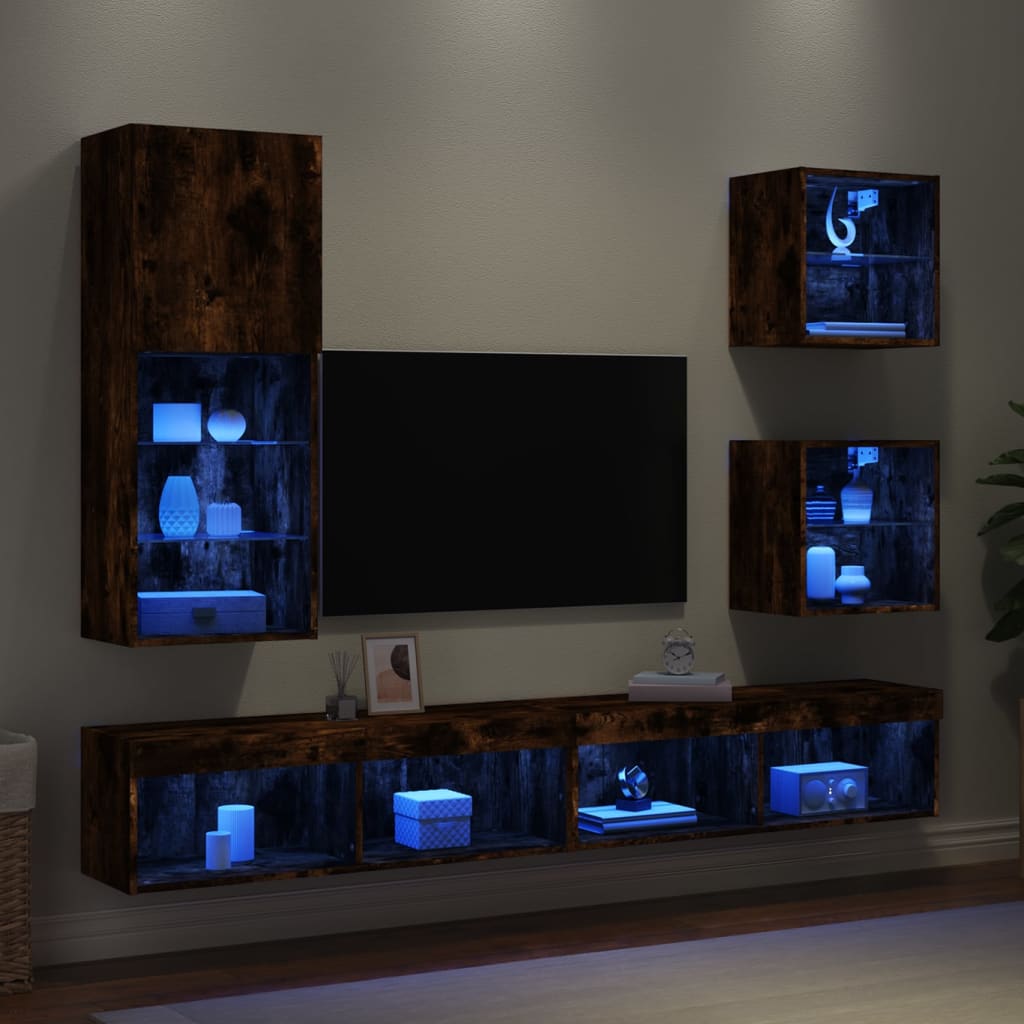 vidaXL 5-tlg. Wohnwand mit LED-Beleuchtung Räuchereiche Holzwerkstoff