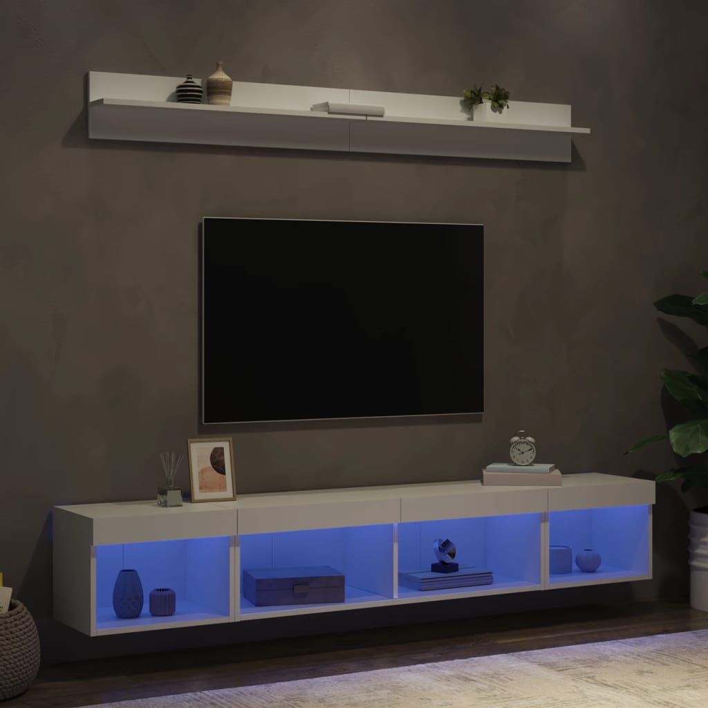 vidaXL Unități de perete TV cu LED-uri, 5 piese, alb, lemn prelucrat
