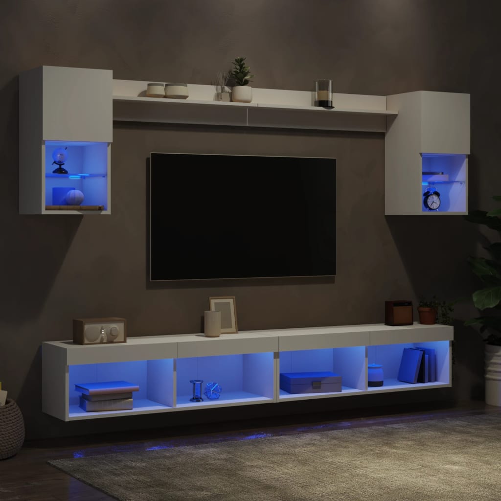 vidaXL Unități de perete TV cu LED-uri, 6 piese, alb, lemn prelucrat