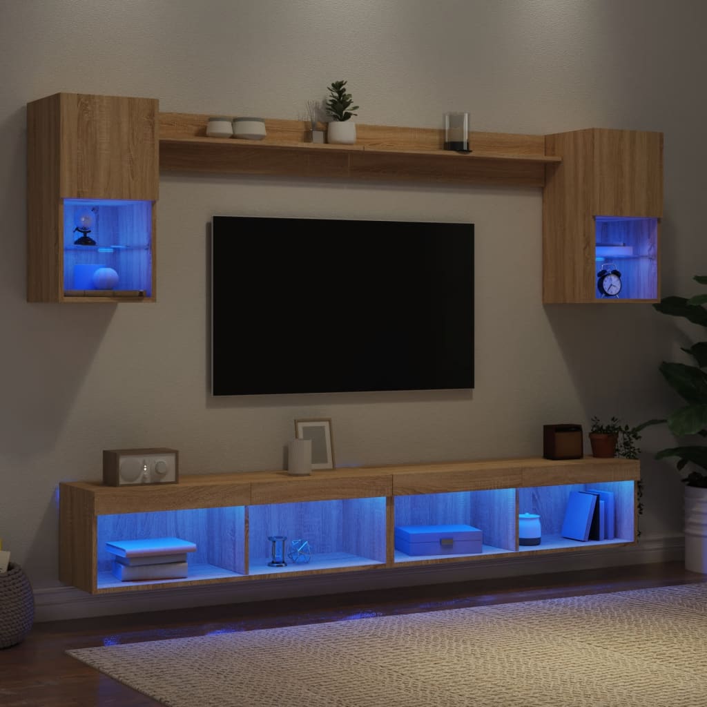 vidaXL Unități de perete TV cu LED-uri, 6 piese, stejar sonoma, lemn