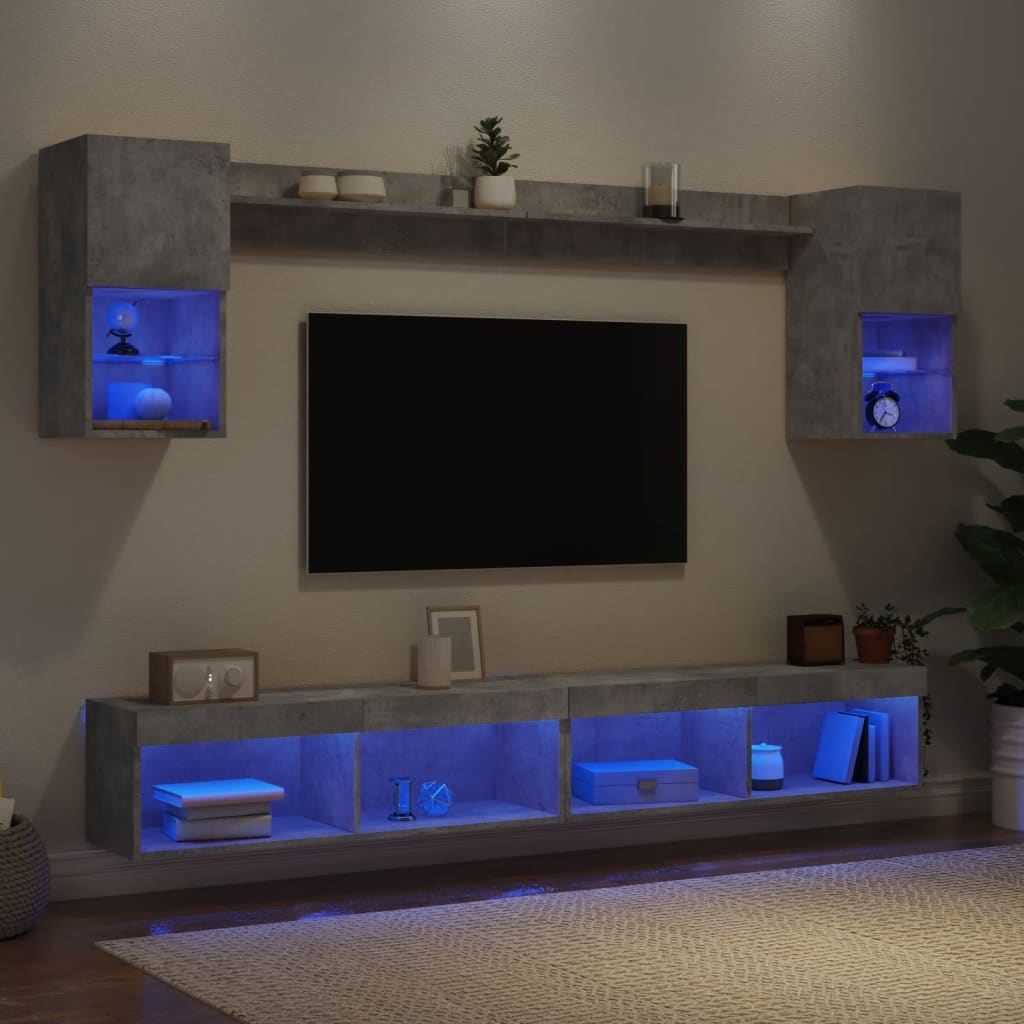vidaXL Unități TV de perete cu LED-uri 6 piese gri beton lemn compozit