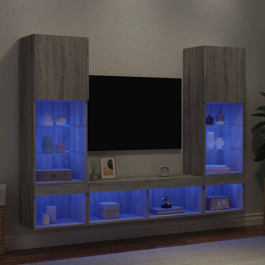 vidaXL Unități de perete TV cu LED-uri, 5 piese, gri sonoma, lemn