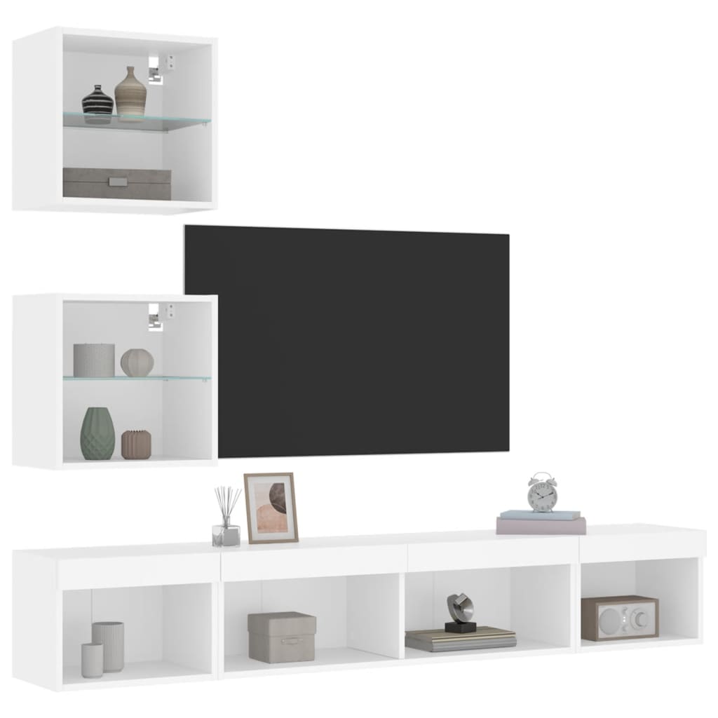 vidaXL Unități de perete TV cu LED-uri, 5 piese, alb, lemn prelucrat