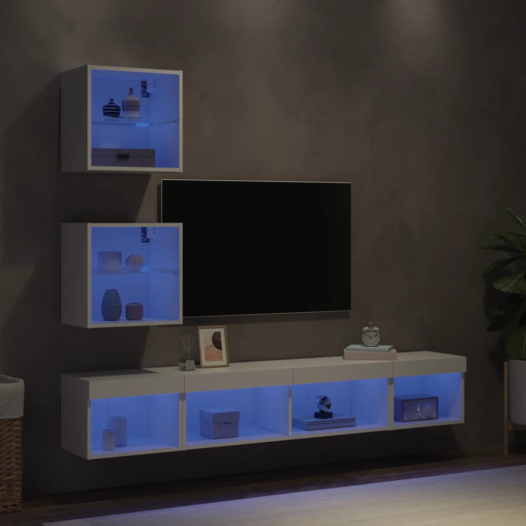vidaXL Unități de perete TV cu LED-uri, 5 piese, alb, lemn prelucrat