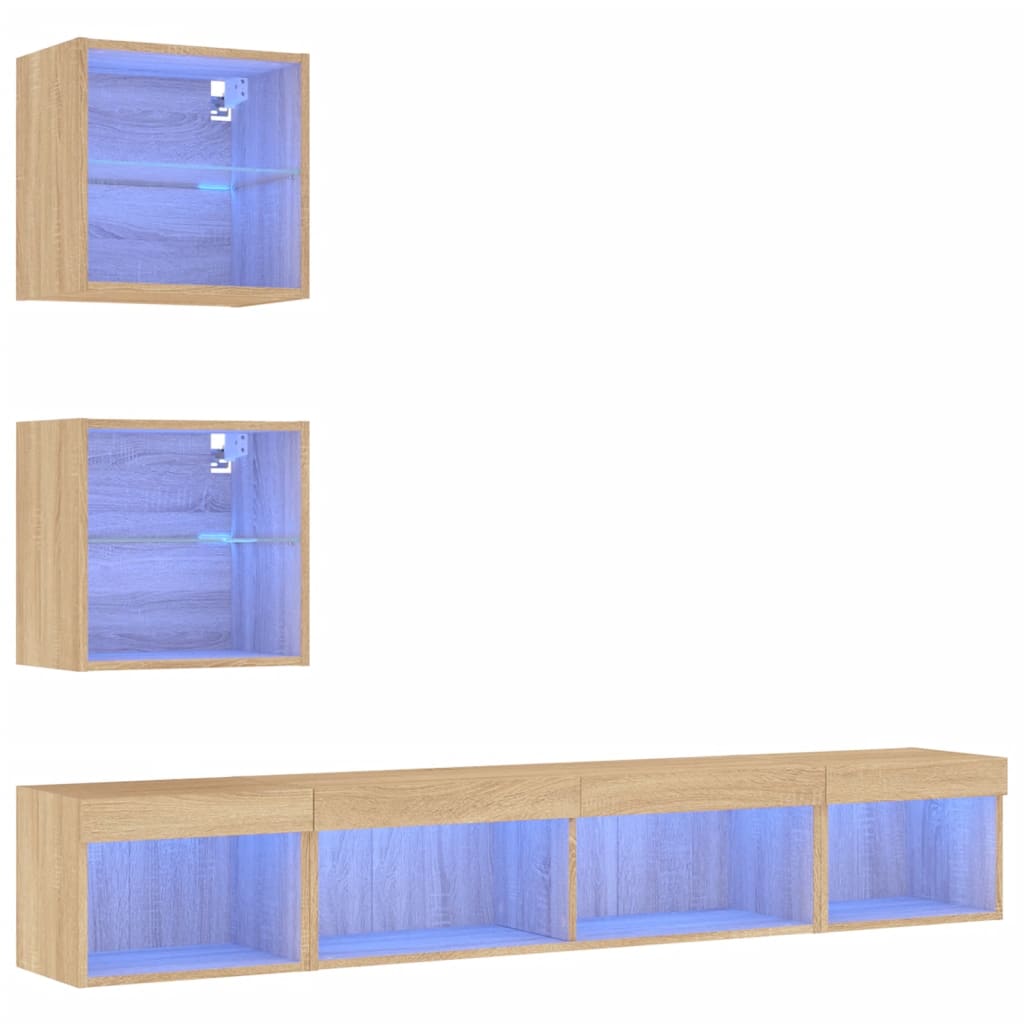 vidaXL 5-delige Tv-wandmeubelset met LED bewerkt hout sonoma eiken