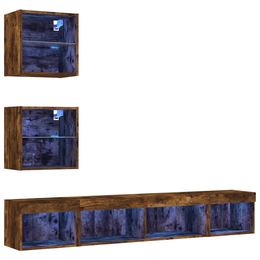 vidaXL 5-delige tv-wandmeubelset met LED bewerkt hout gerookt eiken