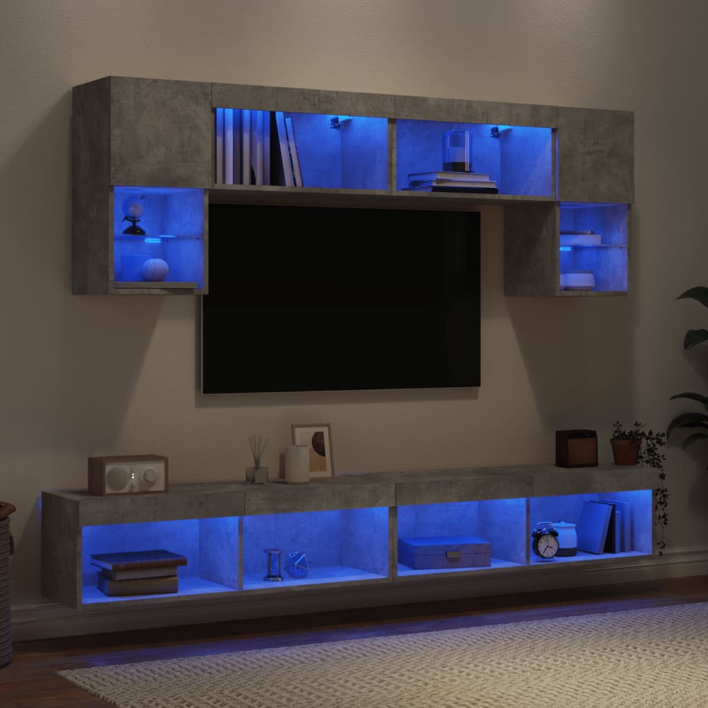 vidaXL Unități TV de perete cu LED-uri 6 piese gri beton lemn compozit