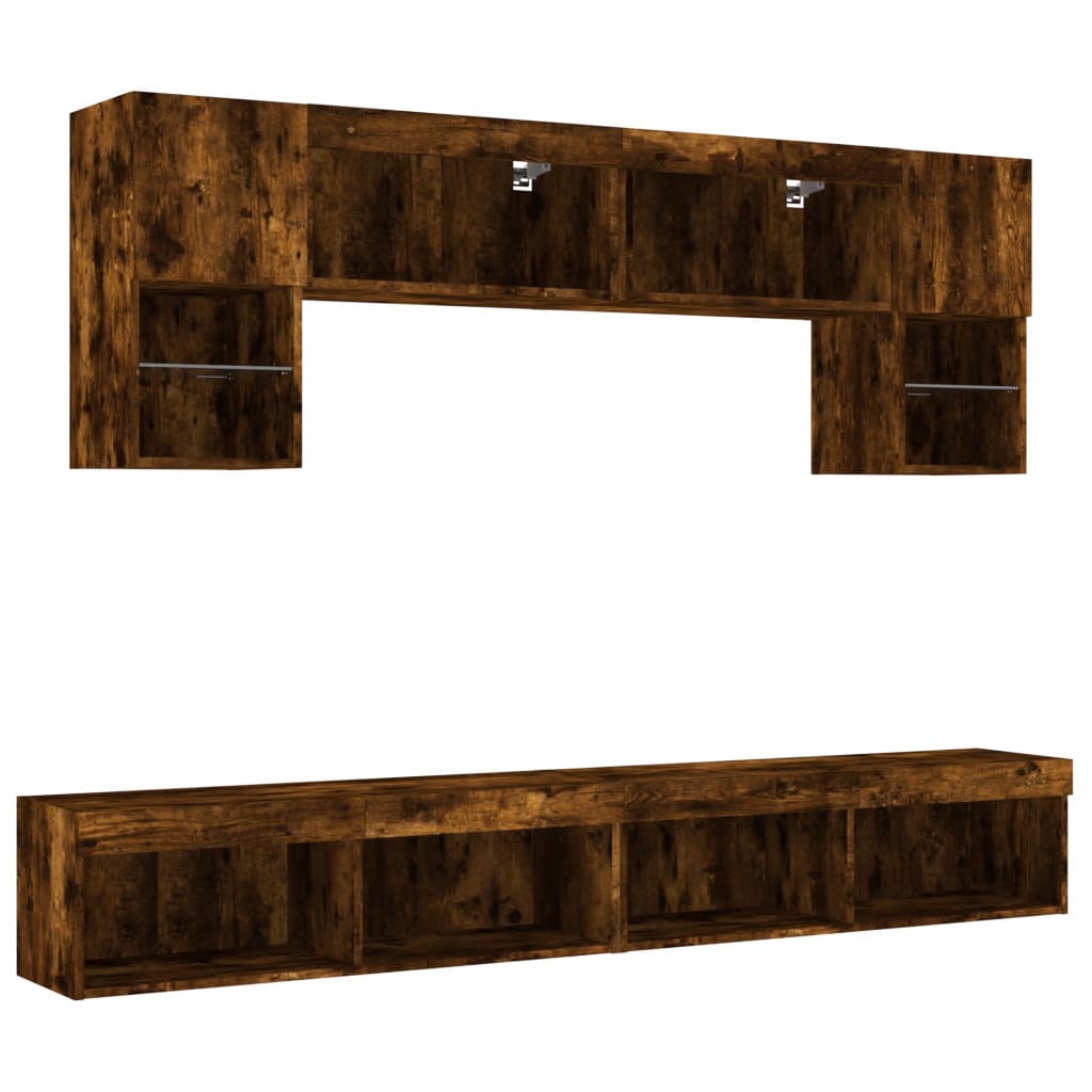 vidaXL 6-delige tv-wandmeubelset met LED bewerkt hout gerookt eiken