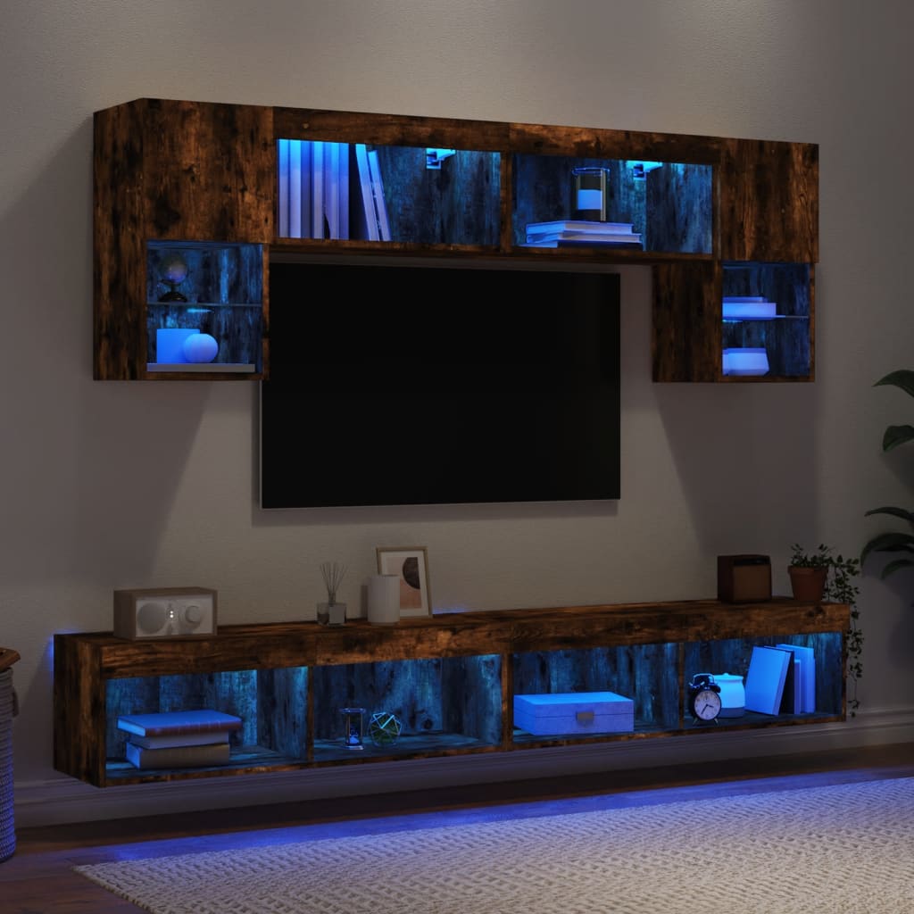 vidaXL 6-tlg. Wohnwand mit LED-Beleuchtung Räuchereiche Holzwerkstoff