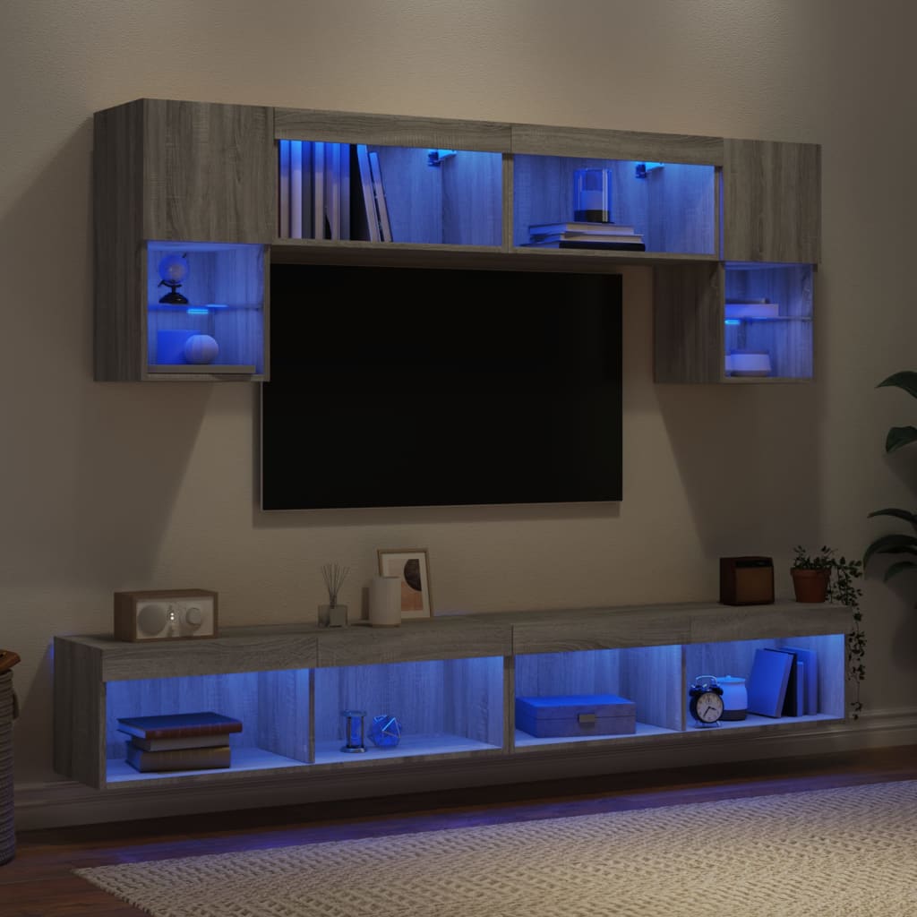 vidaXL Unități de perete TV cu LED-uri, 6 piese, gri sonoma, lemn