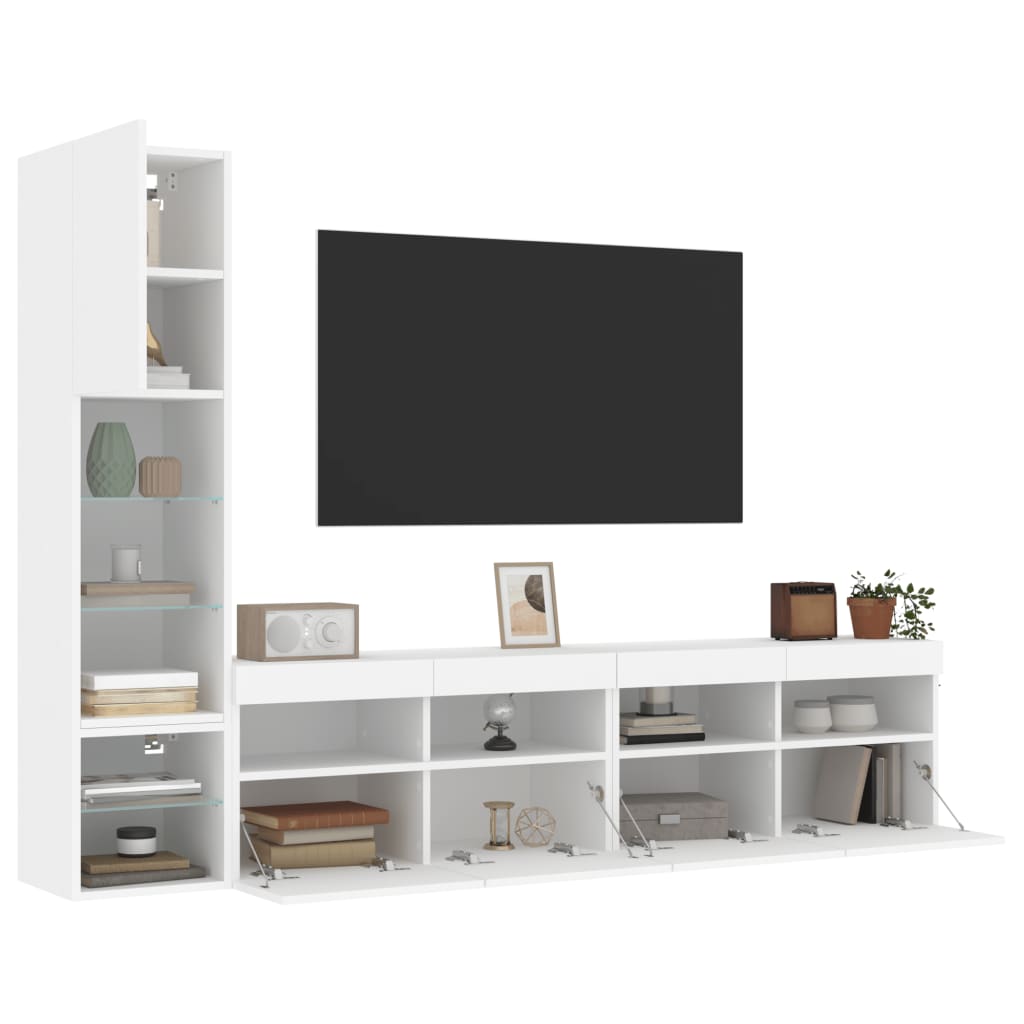 vidaXL Unități de perete TV cu LED-uri, 4 piese, alb, lemn prelucrat