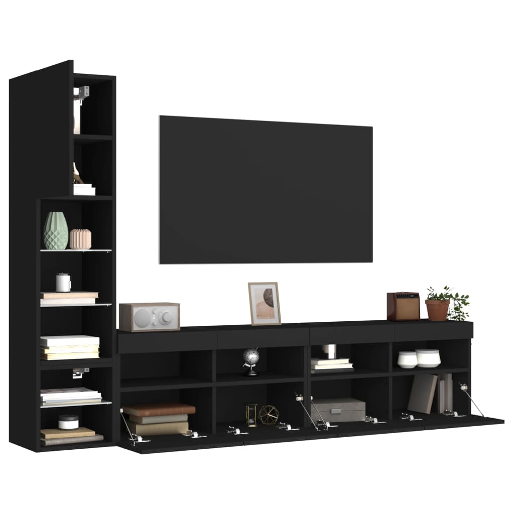 vidaXL Unități de perete TV cu LED-uri, 4 piese, negru, lemn prelucrat