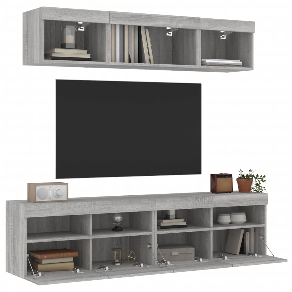 vidaXL tv-møbel til væg 5 dele med LED-lys konstrueret træ grå sonoma