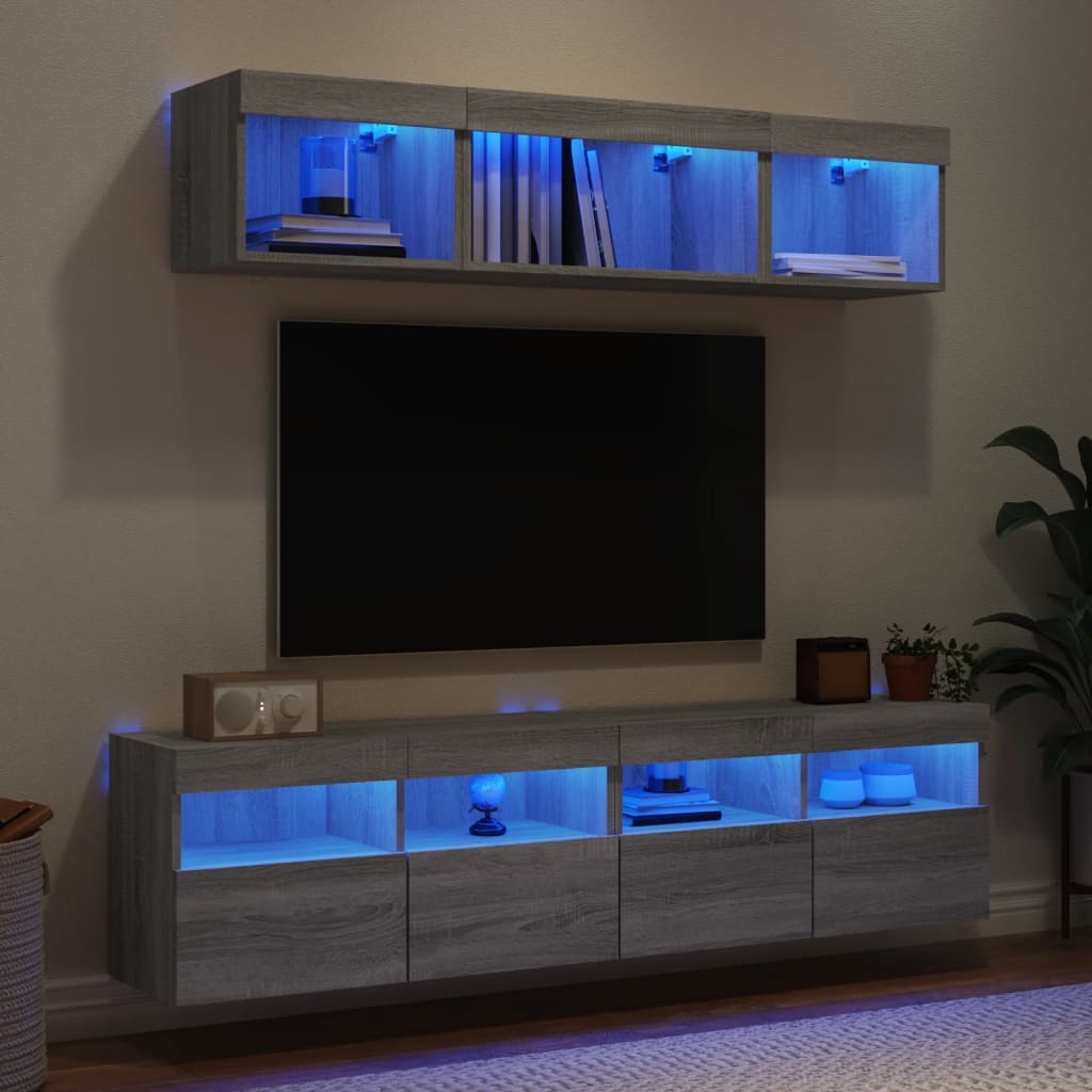 vidaXL Unități de perete TV cu LED-uri, 5 piese, gri sonoma, lemn