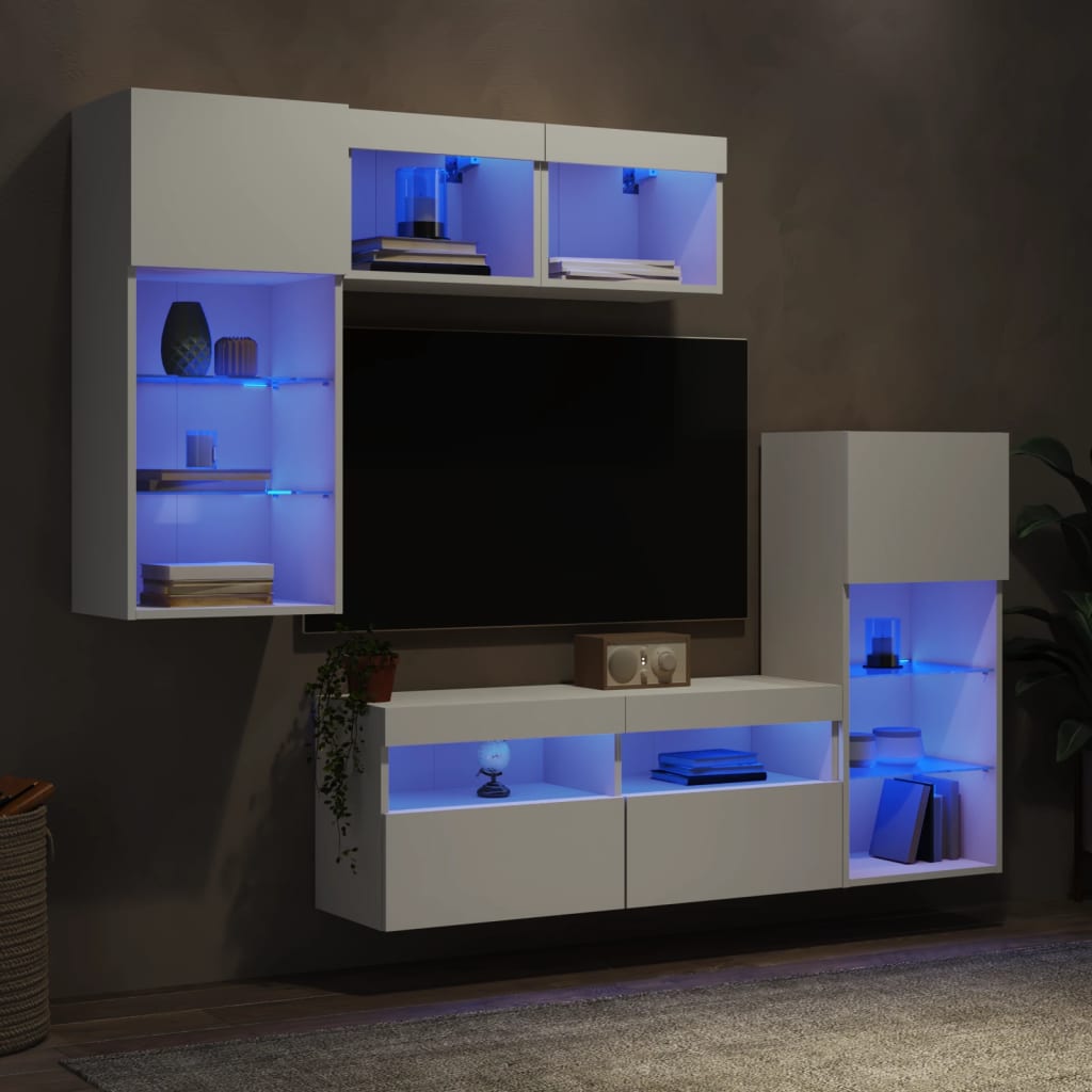 vidaXL Unități de perete TV cu LED-uri, 5 piese, alb, lemn prelucrat