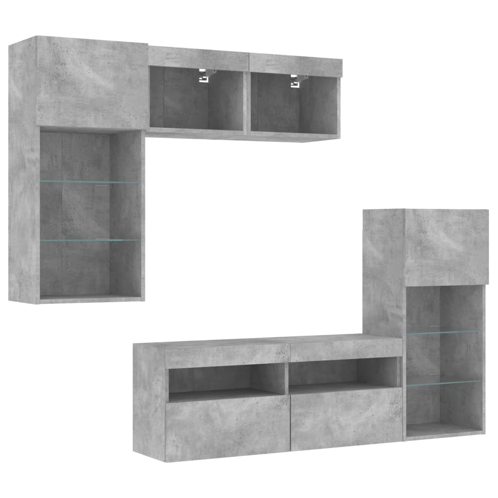 Unități TV de perete cu LED-uri 5 piese gri beton lemn compozit