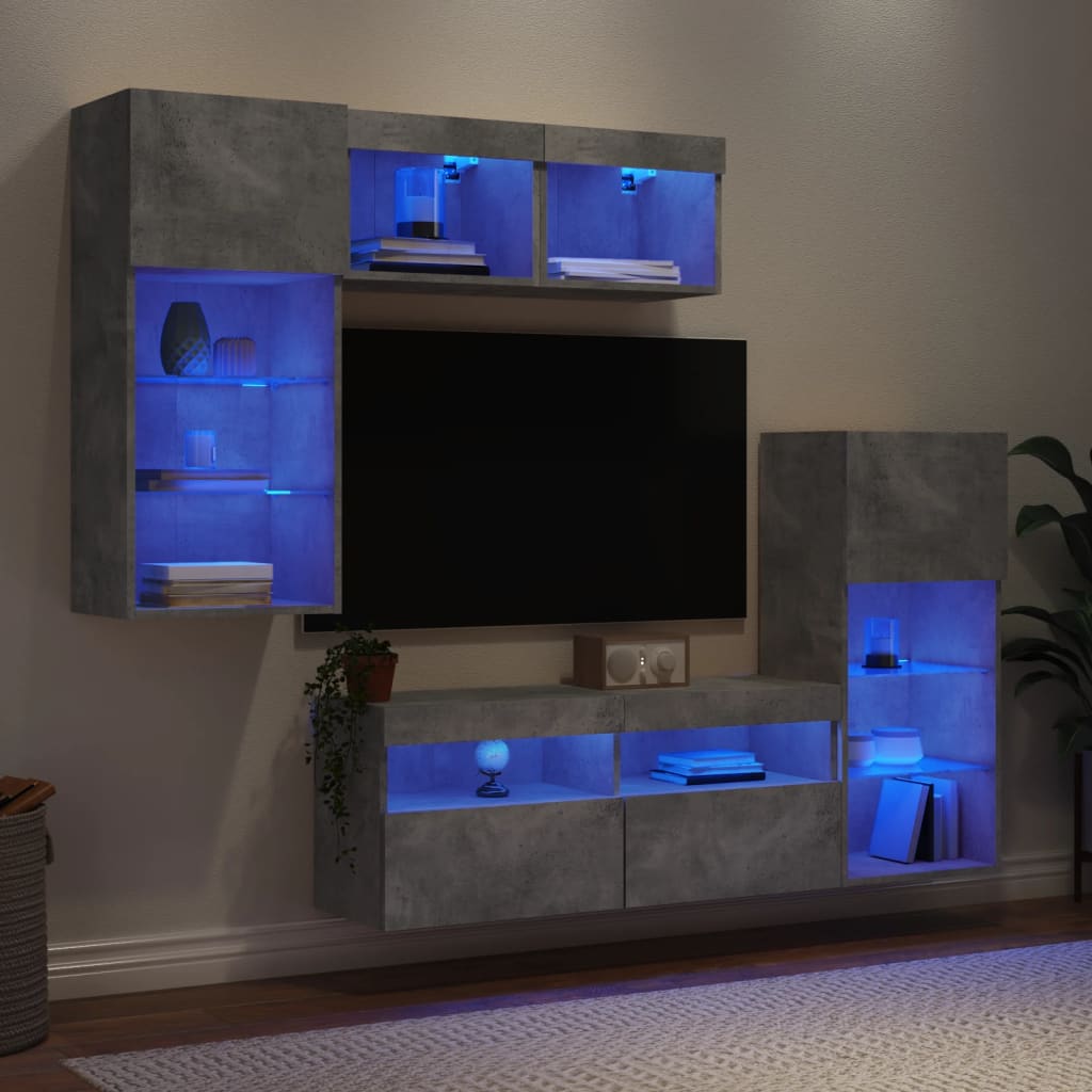 vidaXL Unități TV de perete cu LED-uri 5 piese gri beton lemn compozit