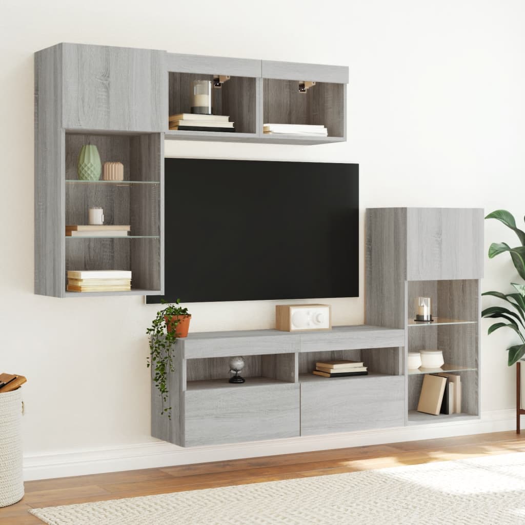 vidaXL 5-delige Tv-wandmeubelset met LED grijs sonoma eikenkleurig