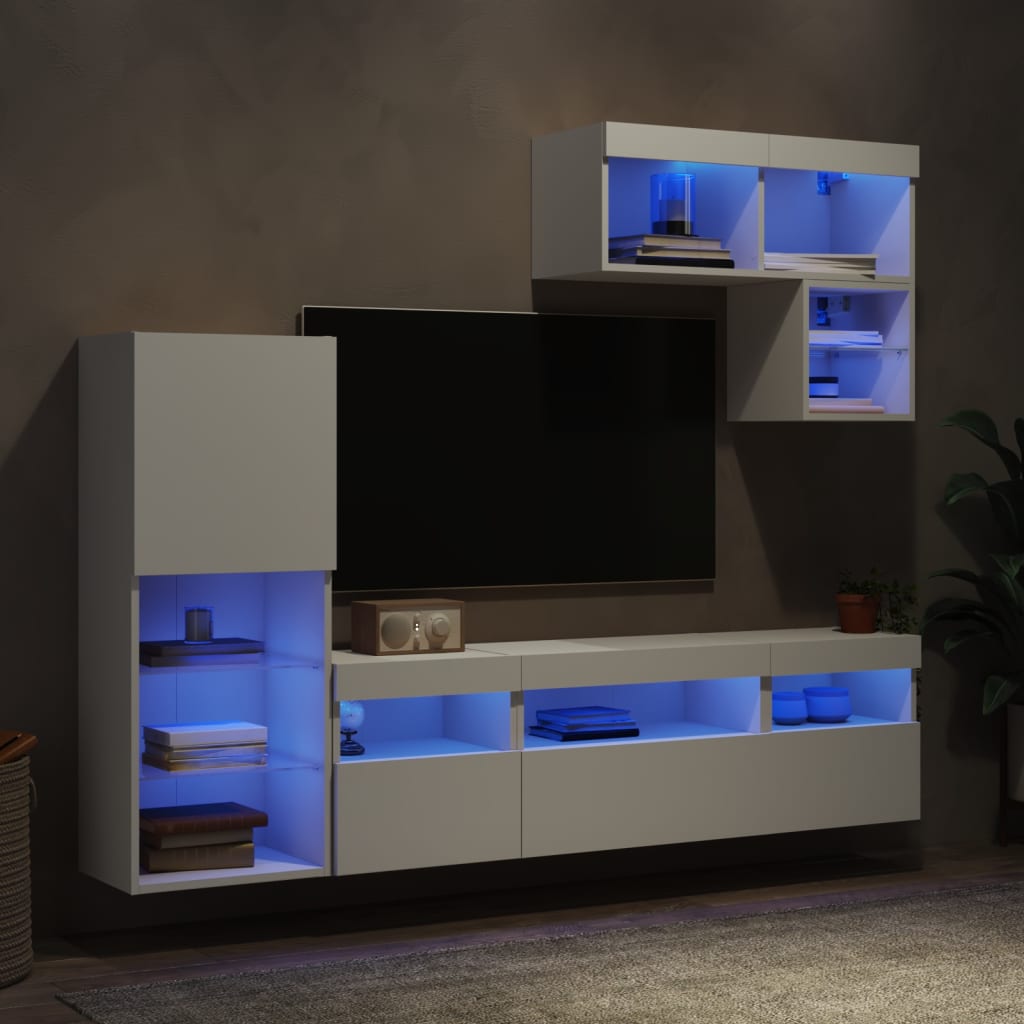 vidaXL Unități de perete TV cu LED-uri, 6 piese, alb, lemn prelucrat