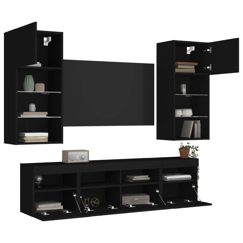 vidaXL Unități de perete TV cu LED-uri, 5 piese, negru, lemn prelucrat