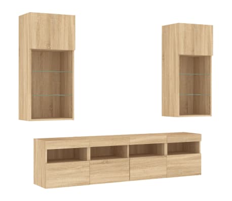 vidaXL Unități de perete TV cu LED-uri, 5 piese, stejar sonoma, lemn