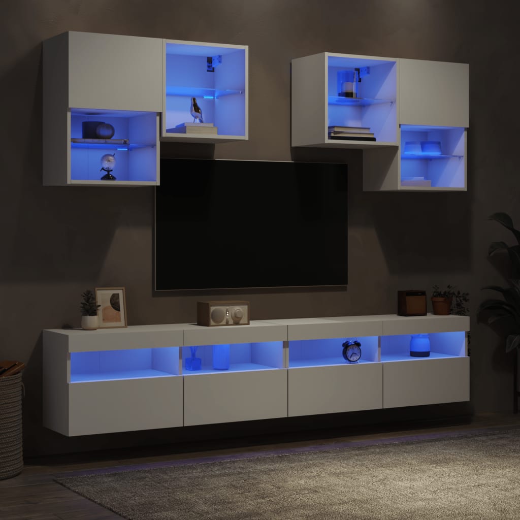 vidaXL 6 Piece TV Wall Cabinet Set with LED Lights White