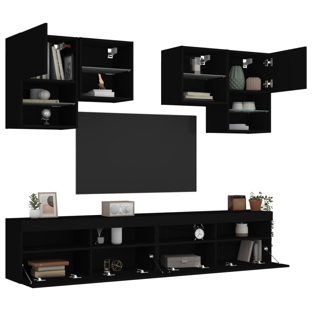 vidaXL Set comode TV de perete, 6 piese, cu lumini LED, negru
