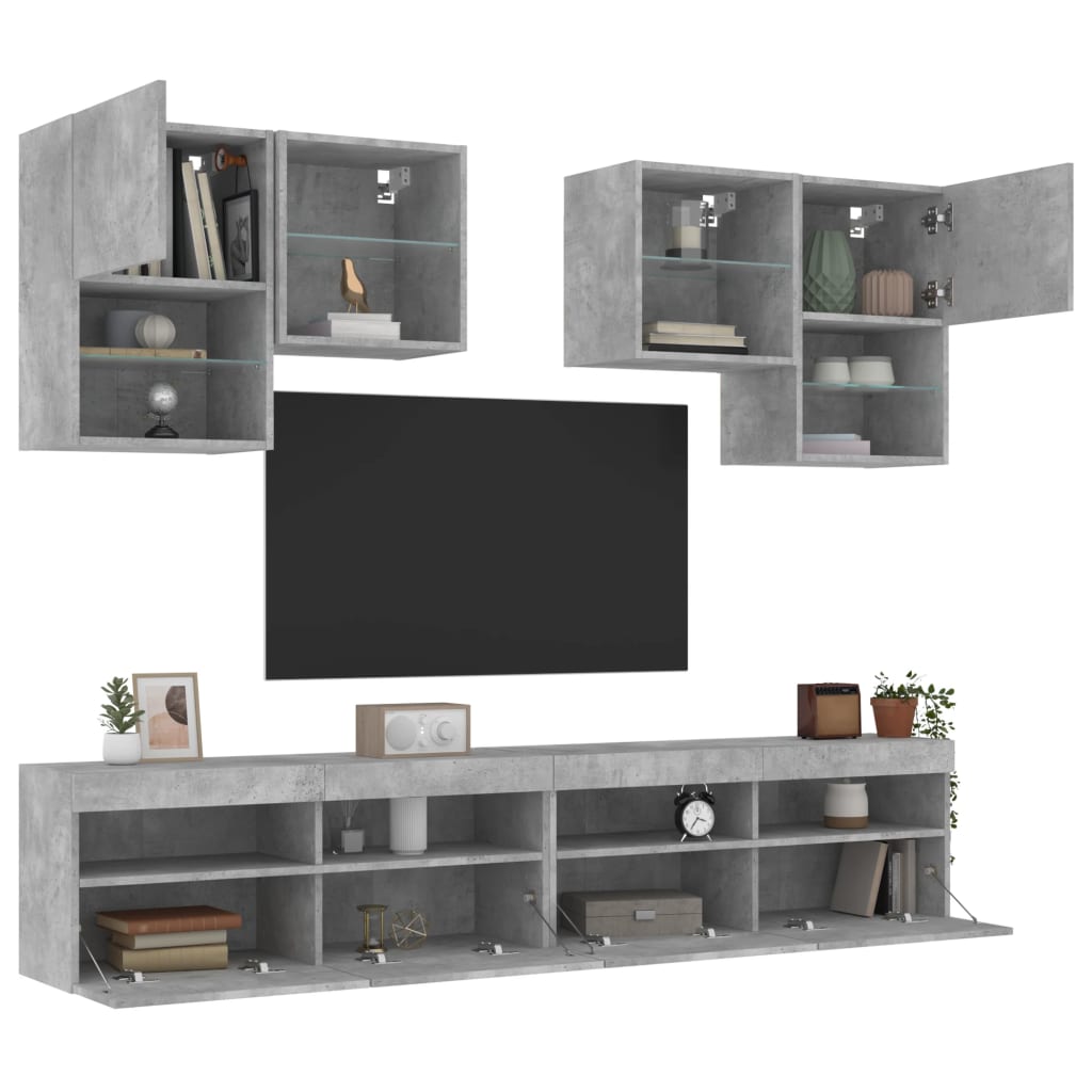 5: vidaXL væghængt tv-møbel 6 dele med LED-lys betongrå