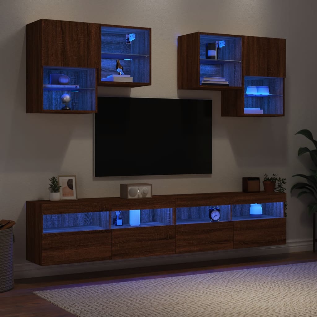 6dílná obývací stěna s LED osvětlením hnědý dub