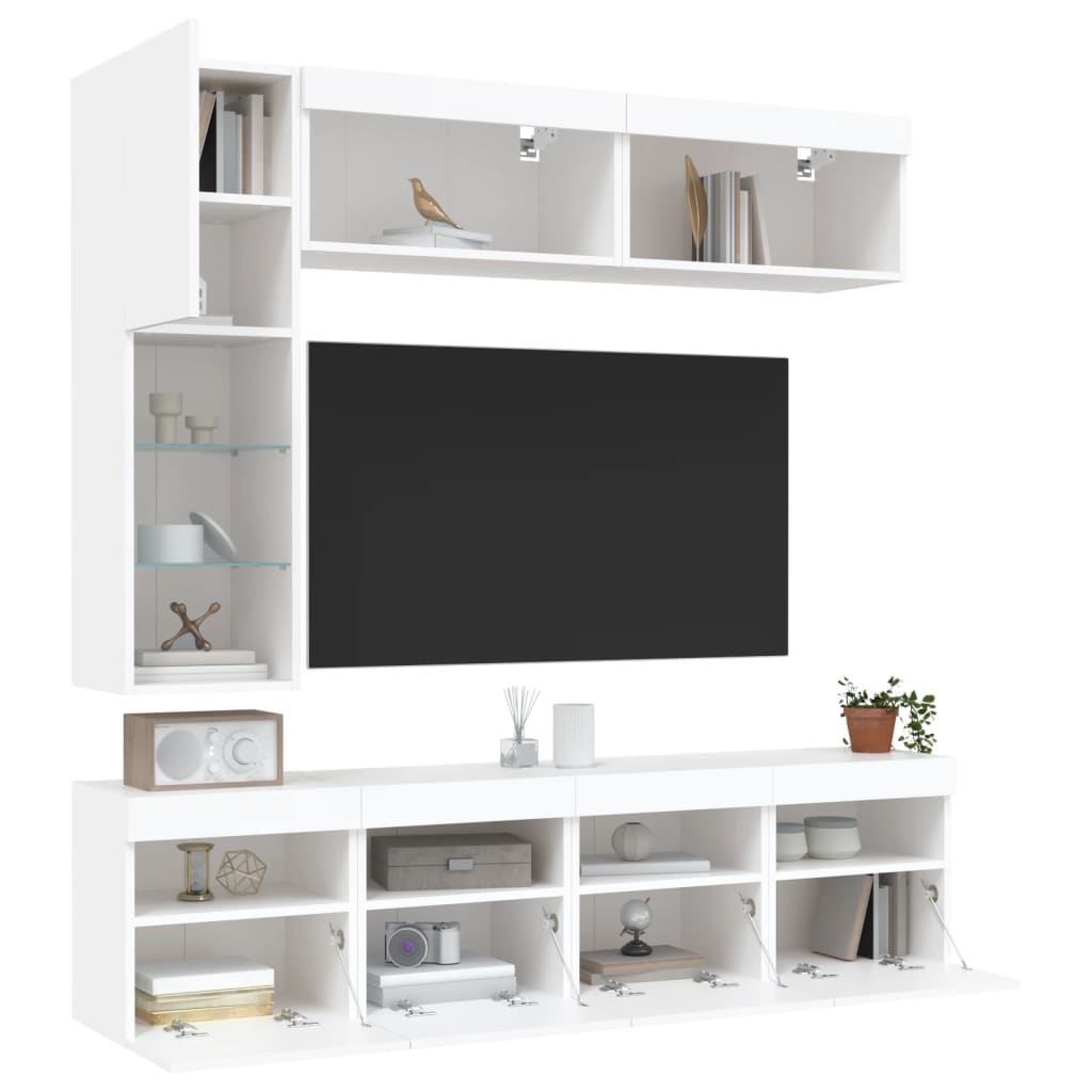 vidaXL Set comode TV de perete, 7 piese, cu lumini LED, alb