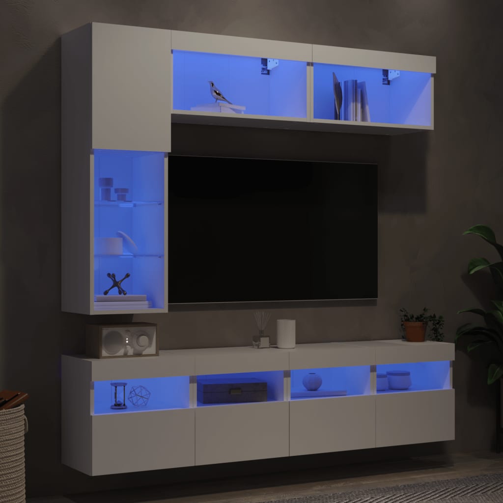 vidaXL Set comode TV de perete, 7 piese, cu lumini LED, alb