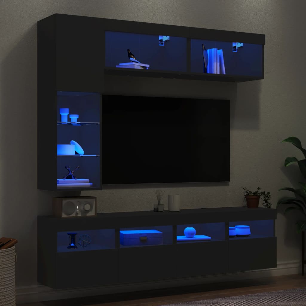 vidaXL Set comode TV de perete, 7 piese, cu lumini LED, negru