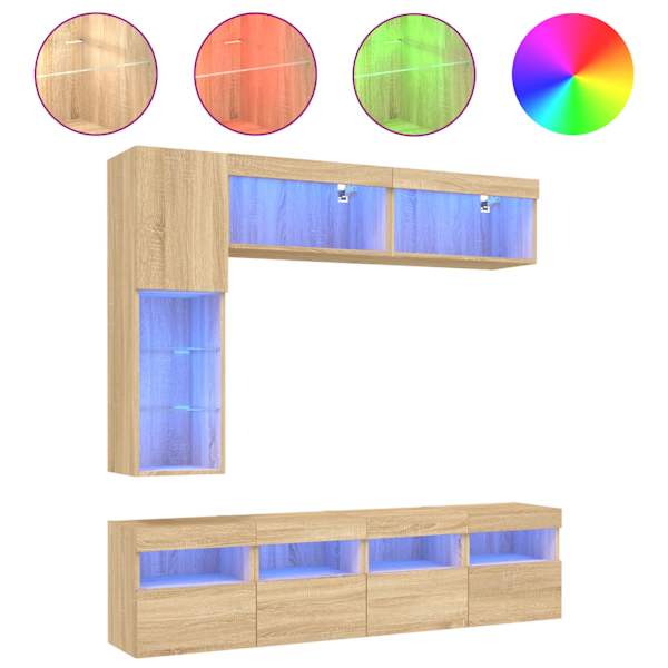 vidaXL 7-osaline teleri seinakappide komplekt LED-tuledega, Sonoma