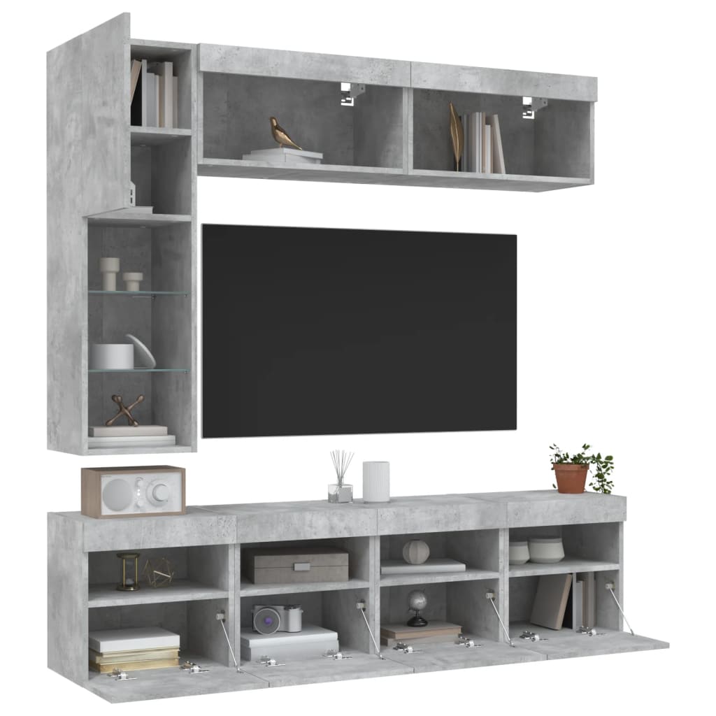 vidaXL Set comode TV de perete cu lumini LED, 7 piese, gri beton