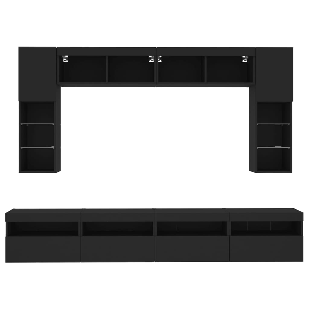 Set comode TV de perete, 8 piese, cu lumini LED, negru