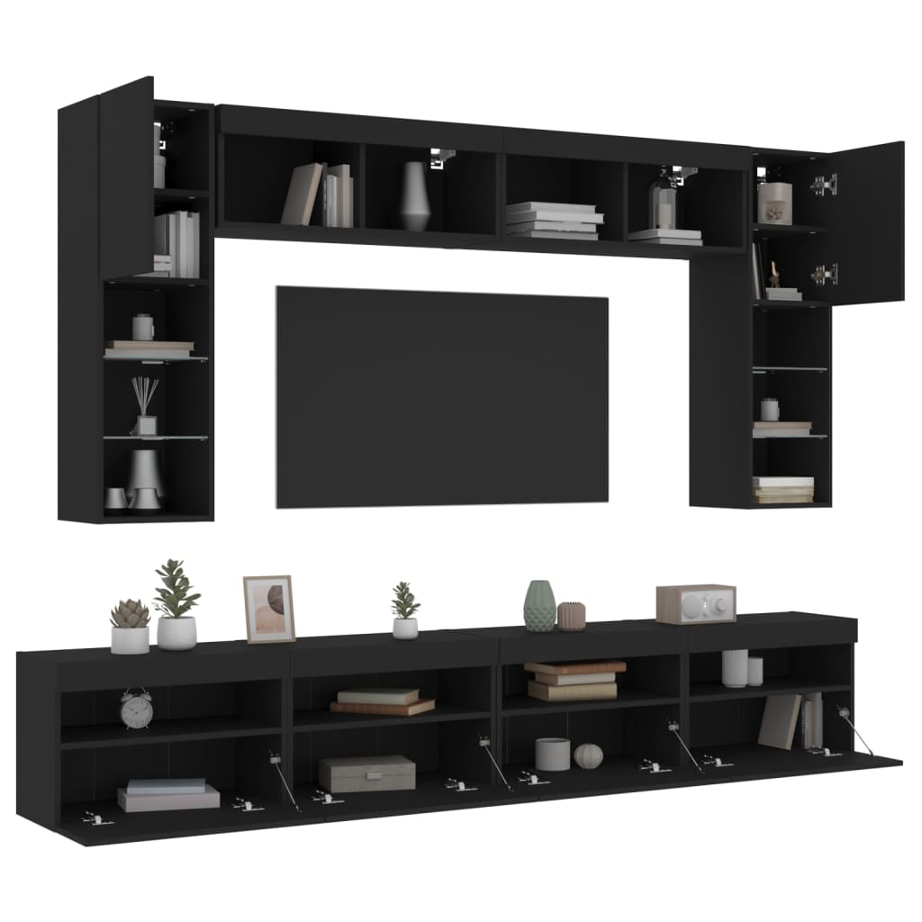 vidaXL Set comode TV de perete, 8 piese, cu lumini LED, negru