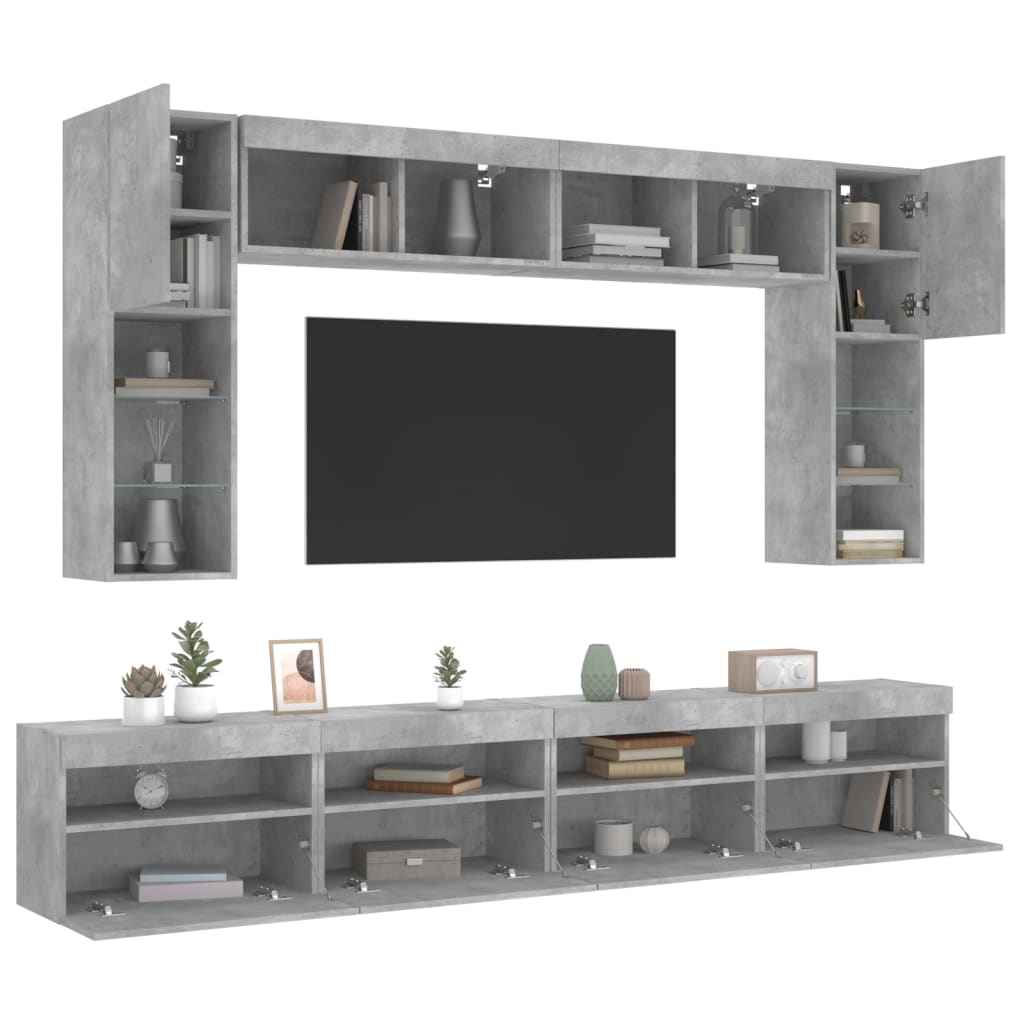 vidaXL Set comode TV de perete cu lumini LED, 8 piese, gri beton