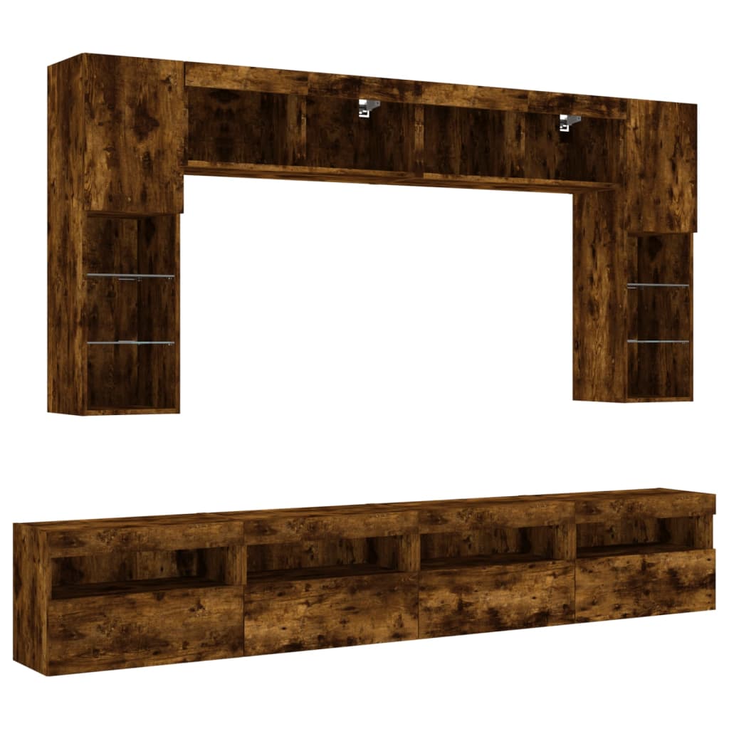 vidaXL 8-delige Tv-wandmeubelset met LED-verlichting gerookt eiken