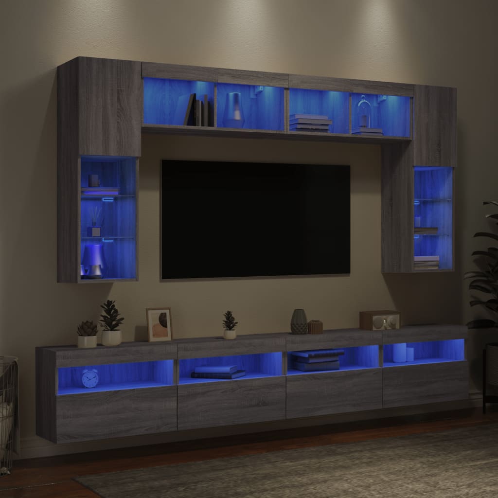 vidaXL væghængt tv-møbel 8 dele med LED-lys grå sonoma-eg