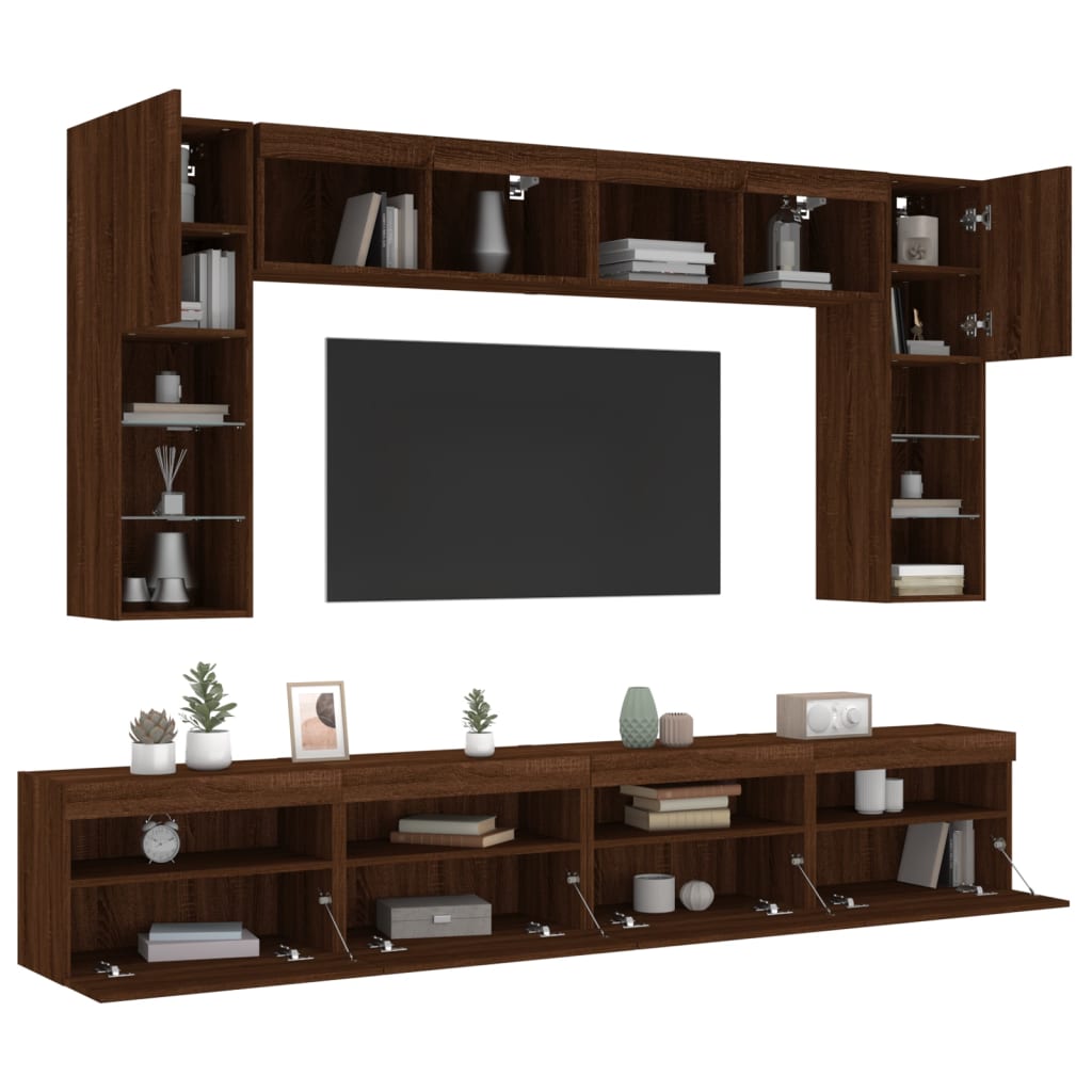vidaXL væghængt tv-møbel 8 dele med LED-lys brun egetræsfarve