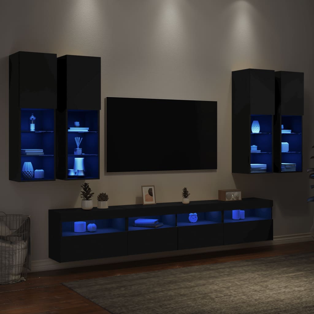 vidaXL Set comode TV de perete, 7 piese, cu lumini LED, negru