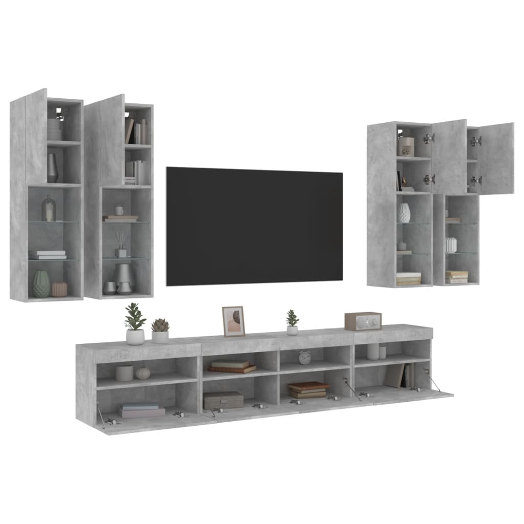vidaXL væghængt tv-møbel 7 dele med LED-lys betongrå