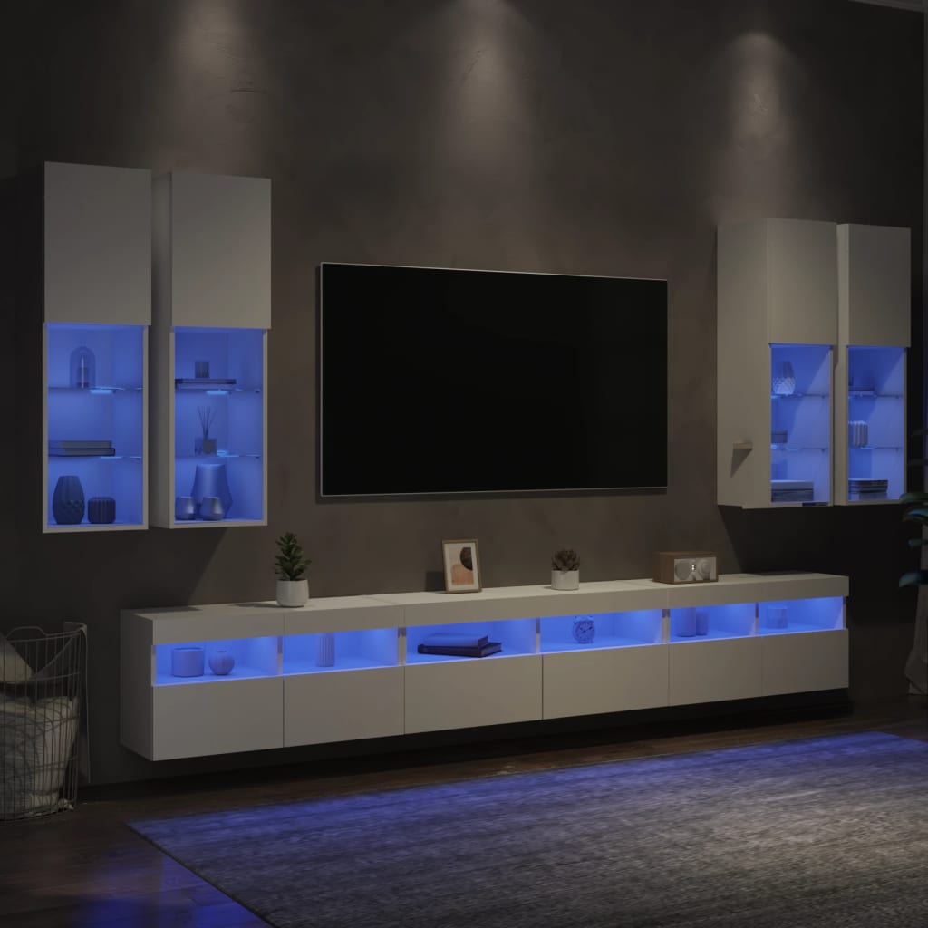 vidaXL Set comode TV de perete, 7 piese, cu lumini LED, alb