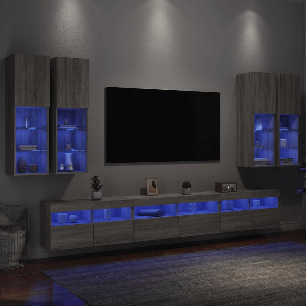 Comode TV de perete cu lumini LED, 7 piese, gri sonoma