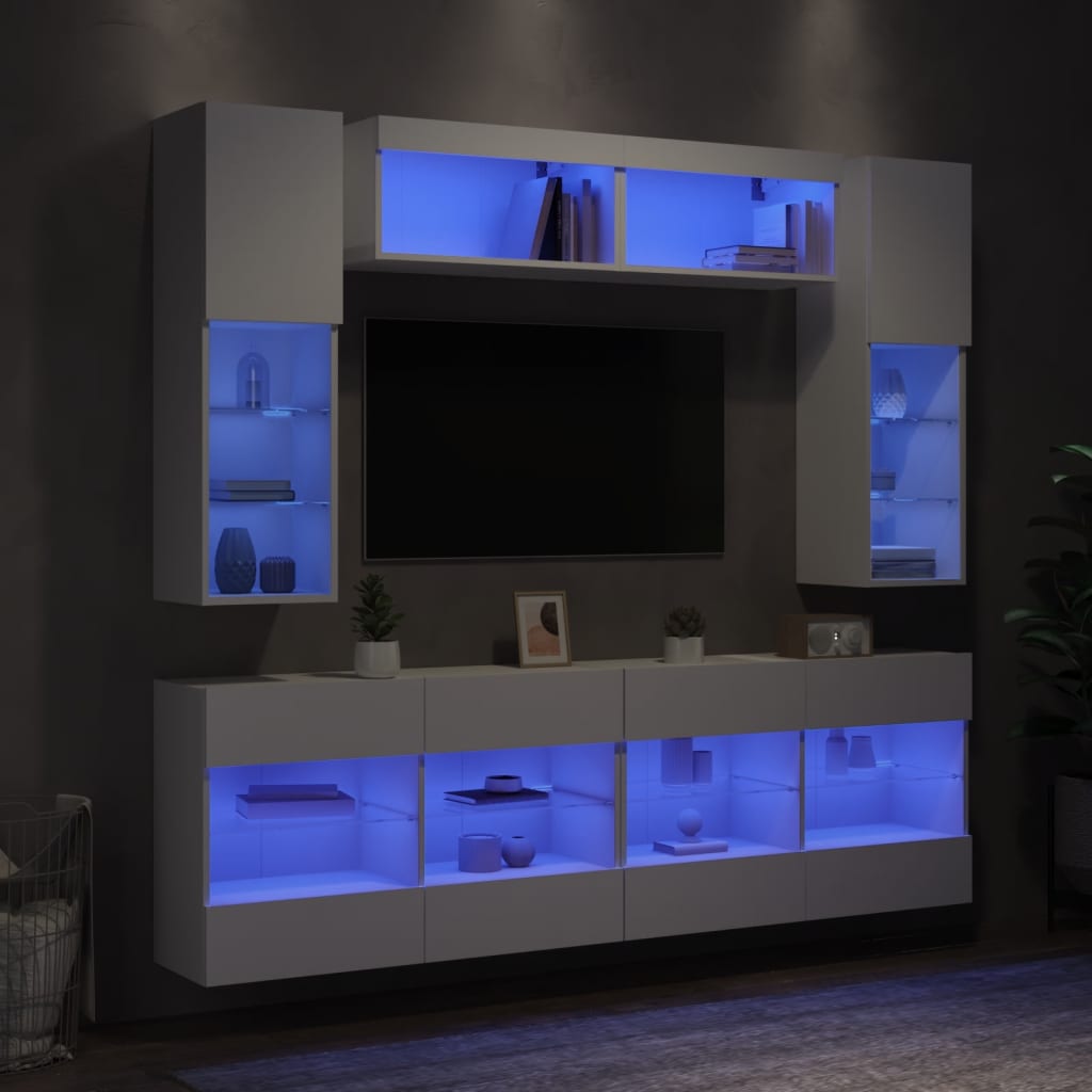 vidaXL Set comode TV de perete, 6 piese, cu lumini LED, alb