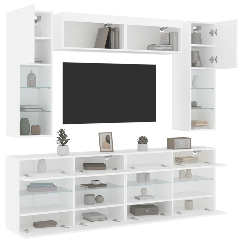 vidaXL Set comode TV de perete, 6 piese, cu lumini LED, alb