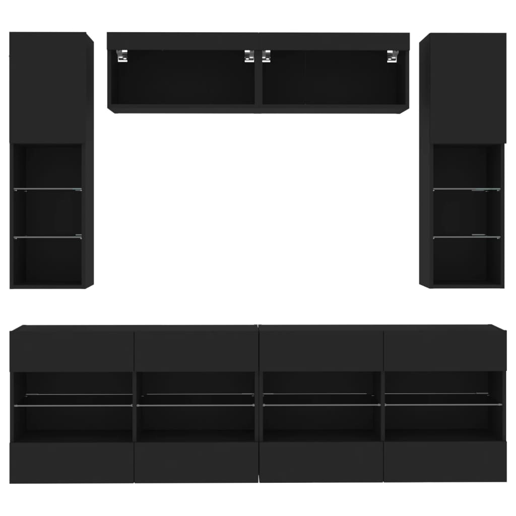 Set comode TV de perete, 6 piese, cu lumini LED, negru